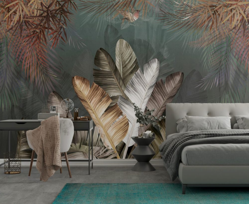 3D Büyük Yapraklı Tropikal Duvar Kağıdı
