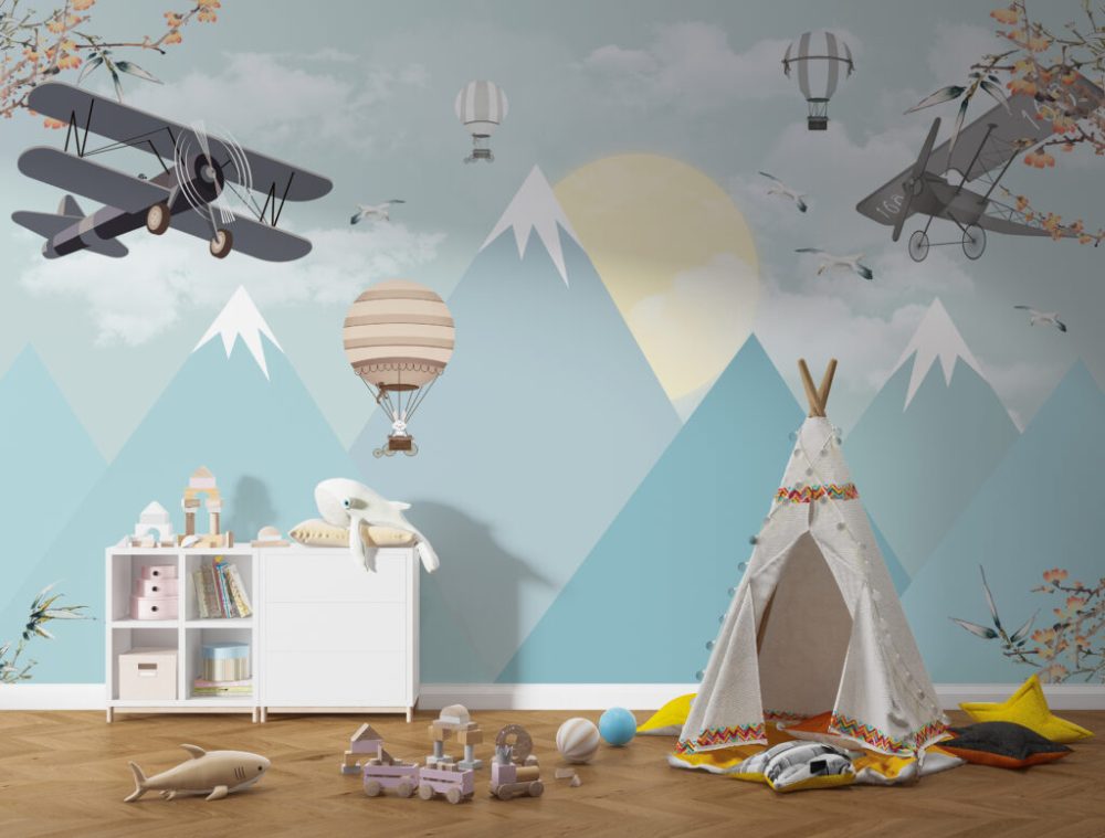 Dağ, Balon ve Uçaklı Çocuk Odası Duvar Kağıdı