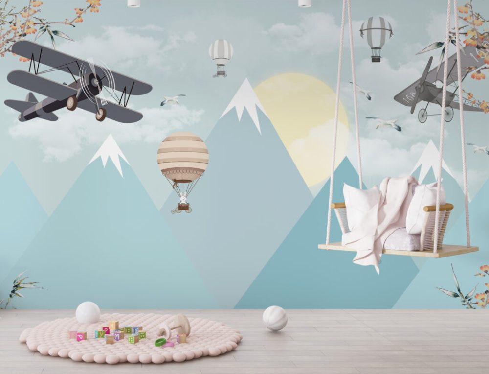 Dağ, Balon ve Uçaklı Çocuk Odası Duvar Kağıdı