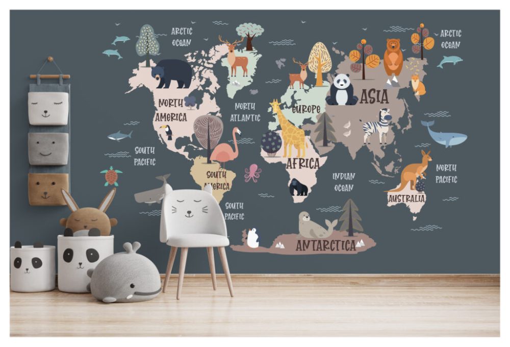 3D Hayvanlı Çocuk Haritalı Duvar Kağıdı