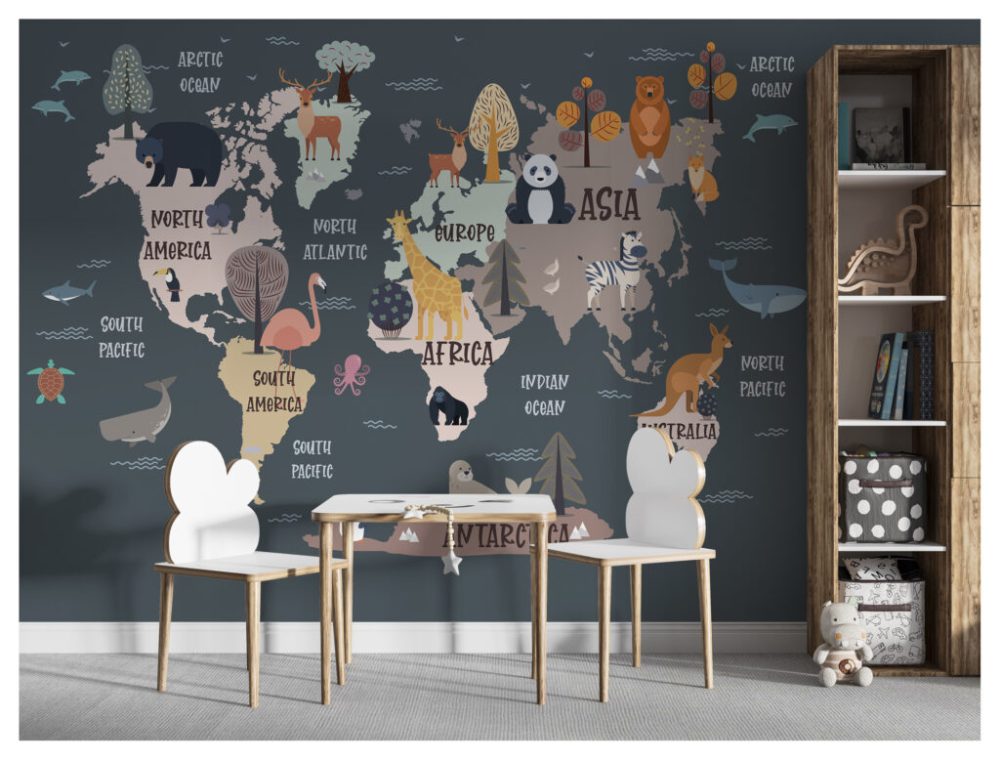 3D Hayvanlı Çocuk Haritalı Duvar Kağıdı
