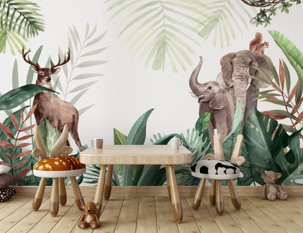 Otların Arasında Eğlenen Hayvanlar Temalı 3D Duvar Kağıdı