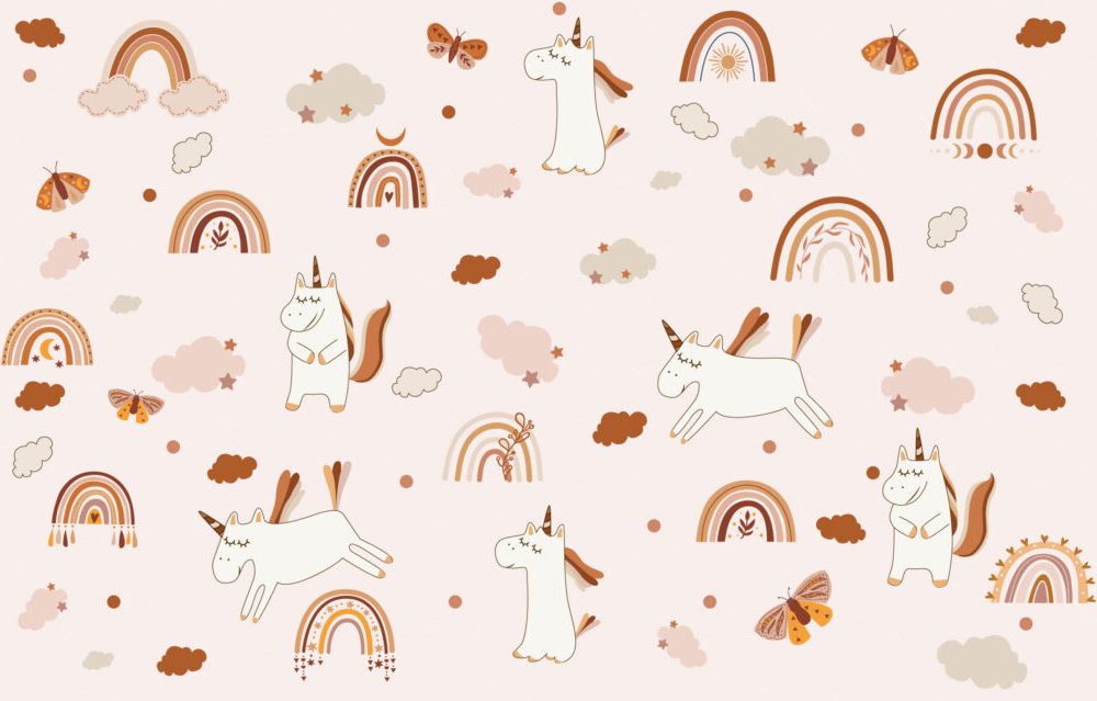 Gökkuşağı Ve Unicorn Temalı 3D Duvar Kağıdı