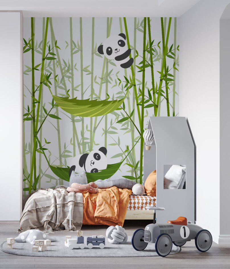 Yaprak Üzerindeki Pandalar Temalı 3D Duvar Kağıdı