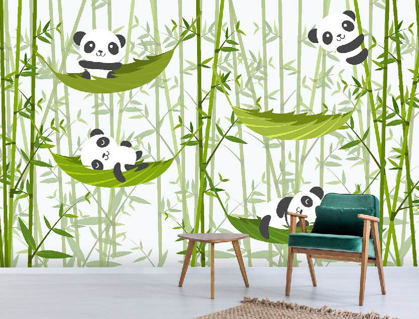 Yaprak Üzerindeki Pandalar Temalı 3D Duvar Kağıdı