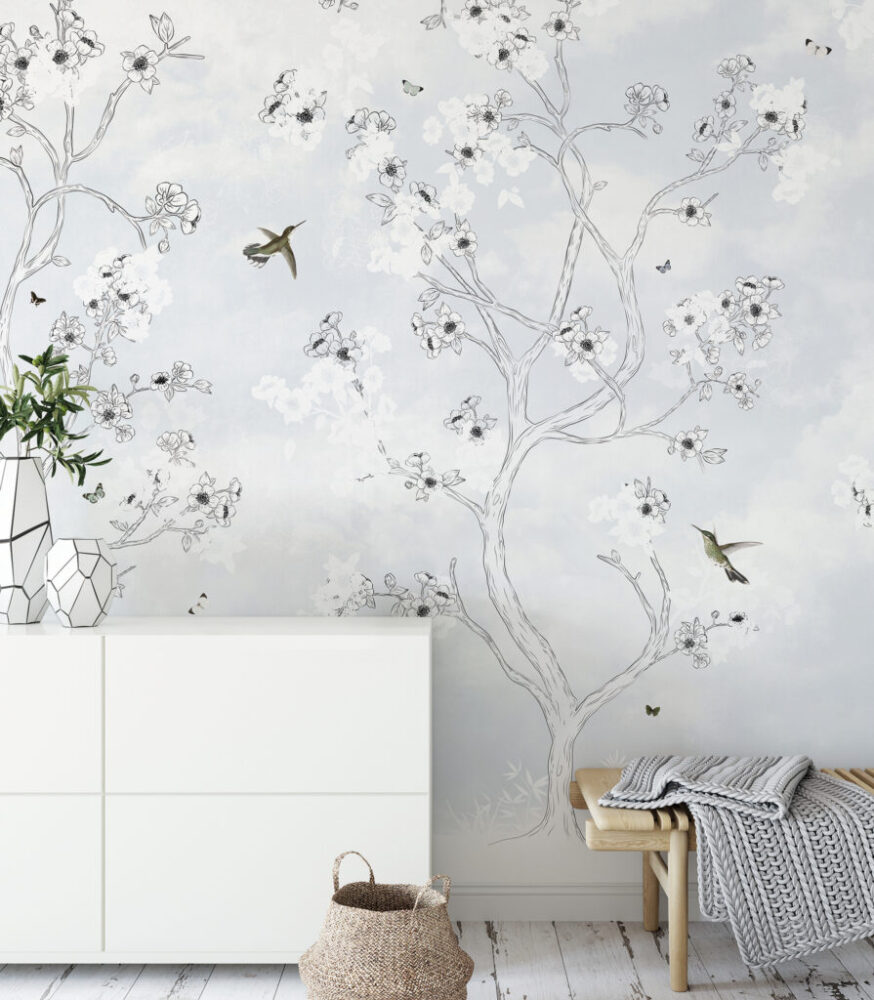 Beyaz Zeminli Ağaç Dallındaki Kuşlar 3D Duvar Kağıdı