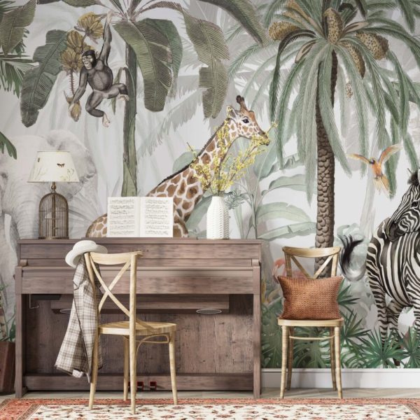 Zürafa ve Zebralı Safari Görünümlü 3D Duvar Kağıdı