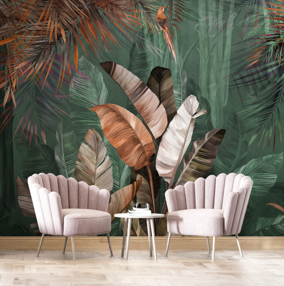Büyük Yapraklı Tropikal Desenli 3D Duvar Kağıdı