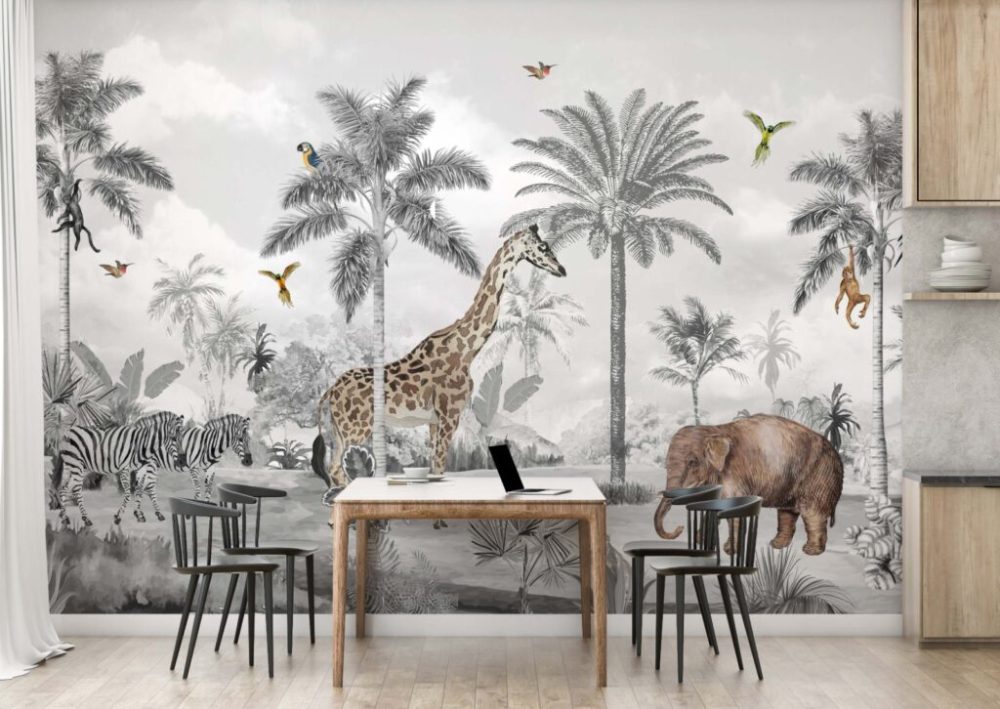 Siyah Beyaz Tropikal Renkli Hayvanlar 3D Duvar Kağıdı