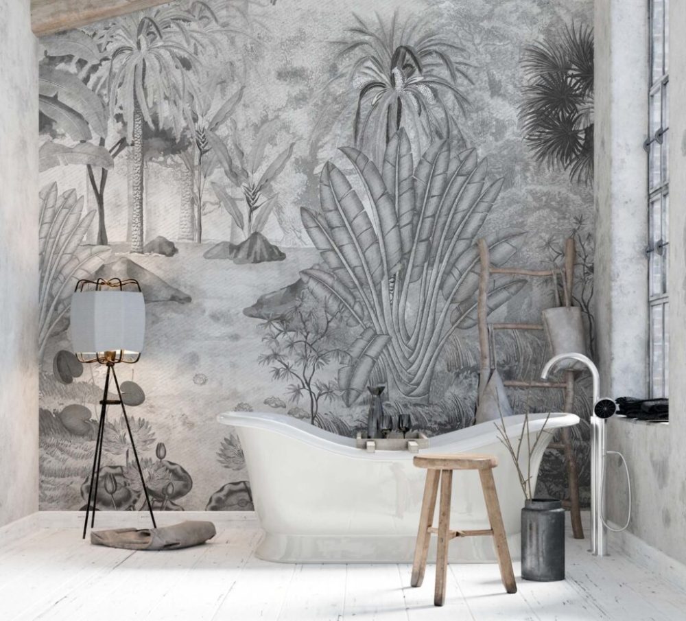 Siyah Beyaz Tropikal Desenli 3D Duvar Kağıdı