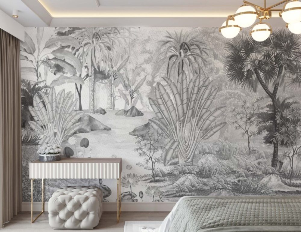 Siyah Beyaz Tropikal Desenli 3D Duvar Kağıdı
