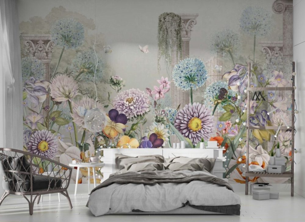 Eskitmeli Çiçek Desenli 3D Duvar Kağıdı