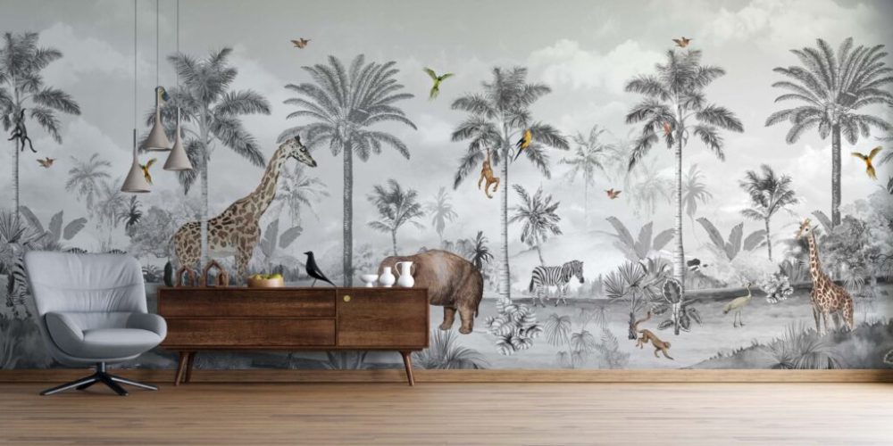 Siyah Beyaz Tropikal Renkli Hayvanlar 3D Duvar Kağıdı