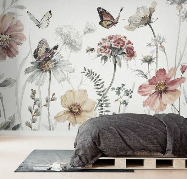 Papatya Çiçekli ve Kelebekli 3D Duvar Kağıdı