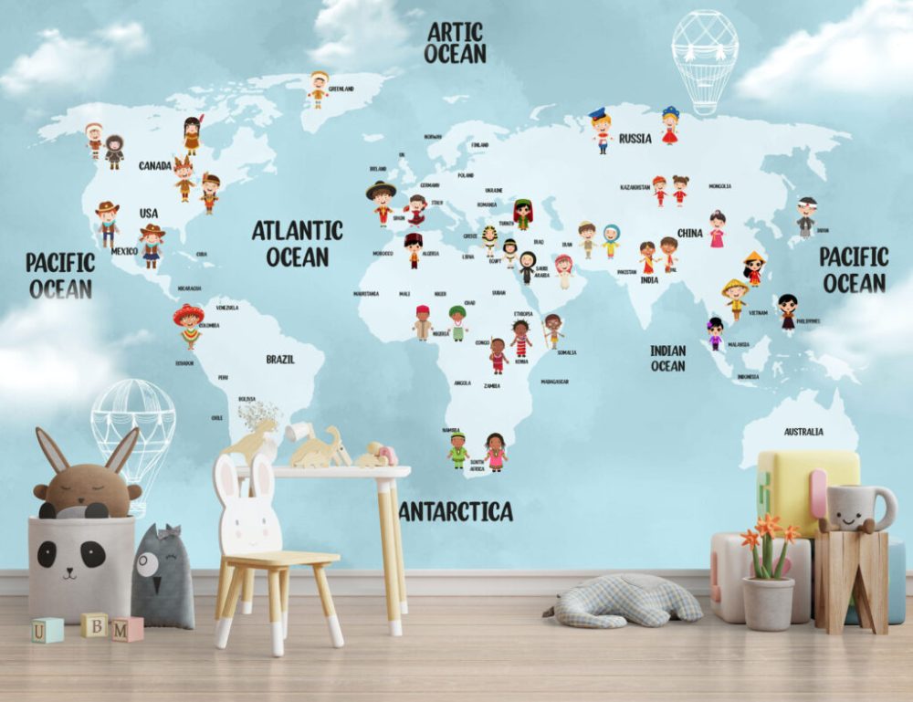 Mavi Zeminli Çocuk Desenli Dünya Haritası 3D Duvar Kağıdı