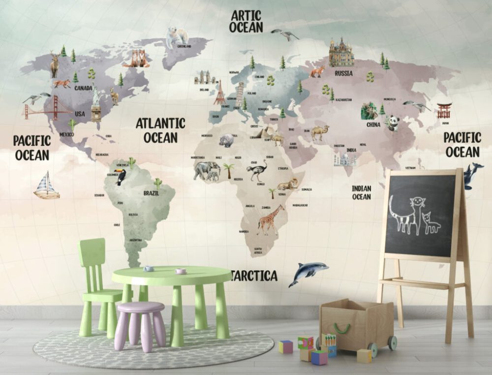 Soft Renki Dünya Haritası 3D Duvar Kağıdı