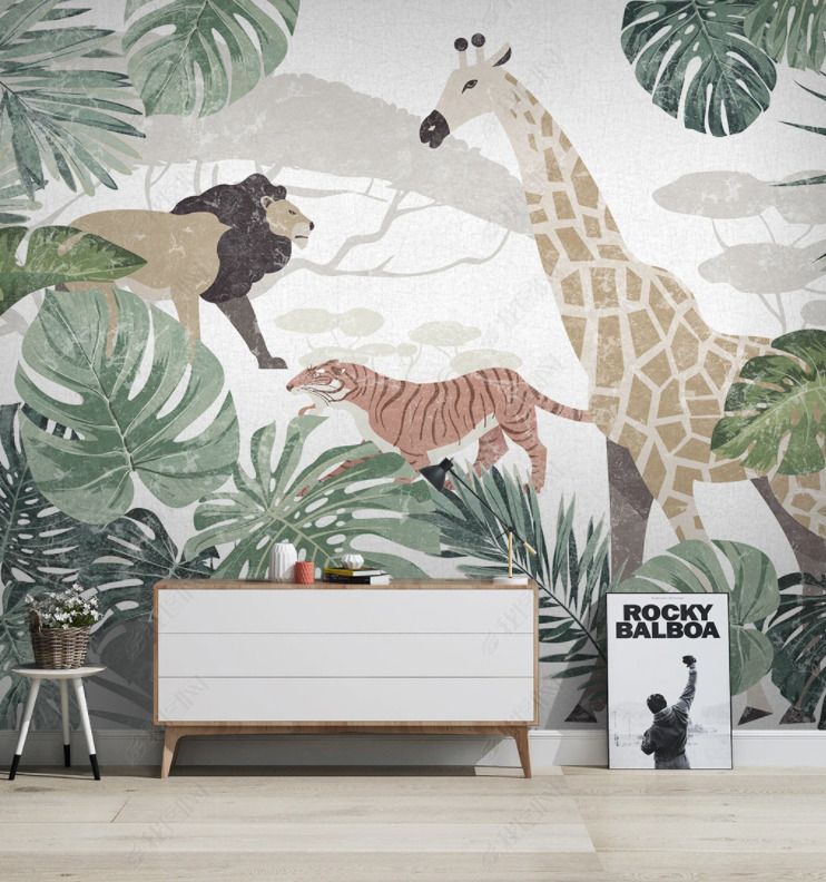Soft Renkli Çocuk Odası Safari Görünümlü 3D Duvar Kağıdı