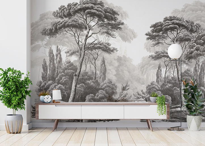 Siyah Beyaz Tropikal Yapraklı 3D Duvar Kağıdı