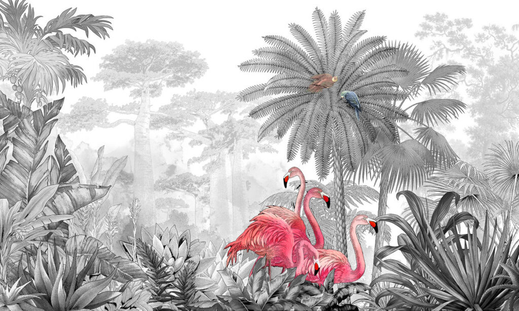 Siyah Beyaz Tropikal Flamingolu 3D Duvar Kağıdı