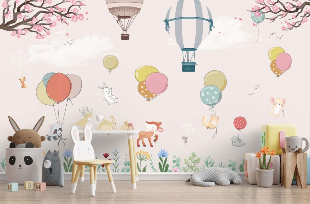 Soft Pembe Uçan Balonlu Hayvanlar 3D Duvar Kağıdı