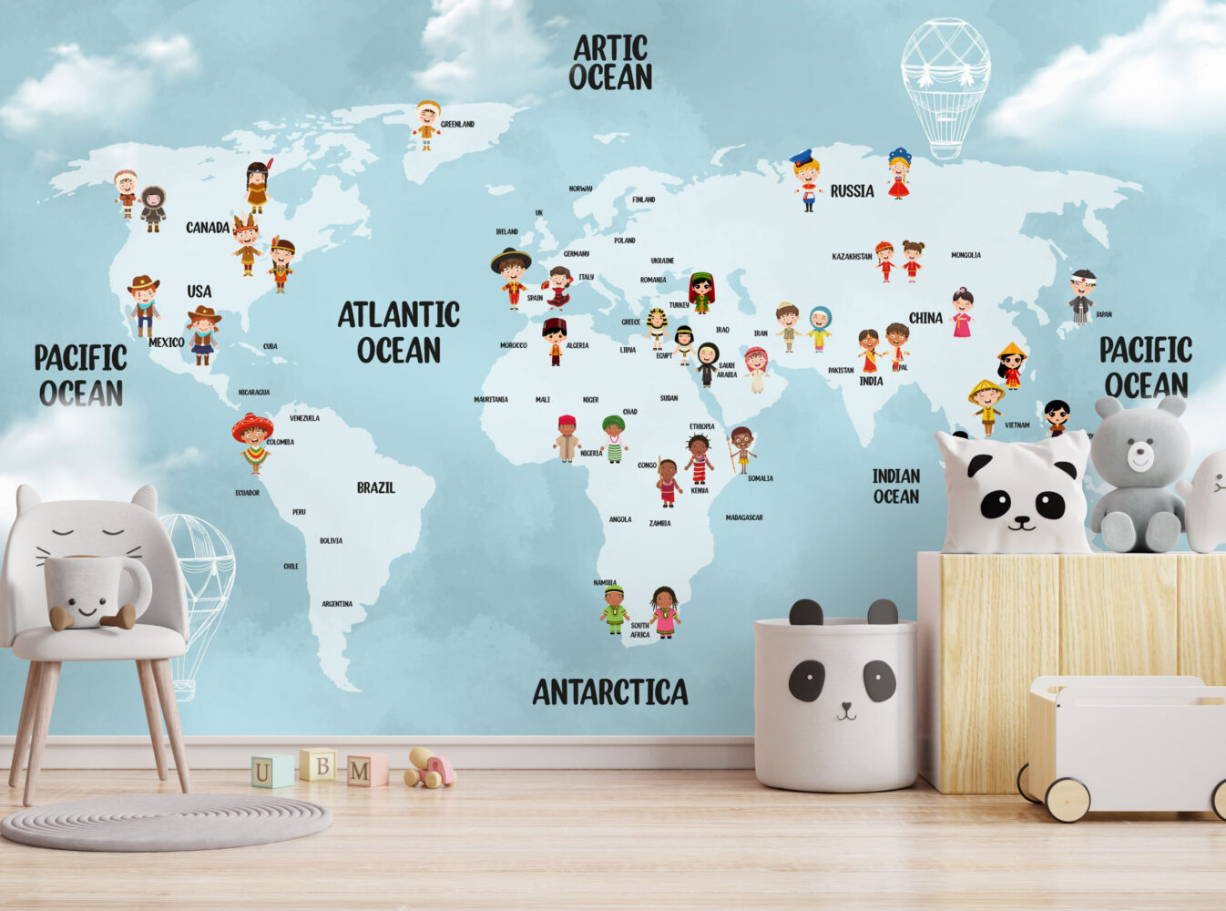 Mavi Zeminli Çocuk Desenli Dünya Haritası 3D Duvar Kağıdı