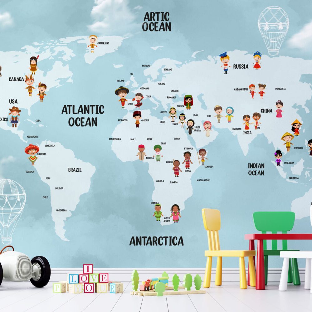 Mavi Zeminli Çocuk Desenli Dünya Haritası 3D Duvar Kağıdı