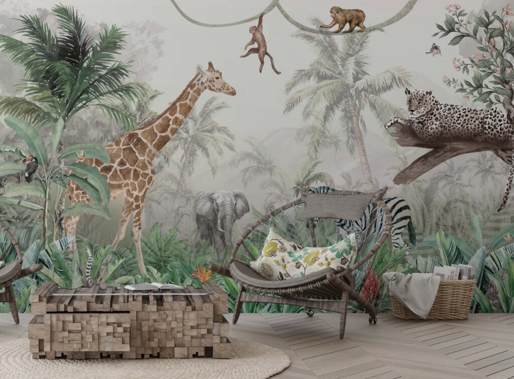Safari Zürafalı ve Kaplanlı 3D Duvar Kağıdı