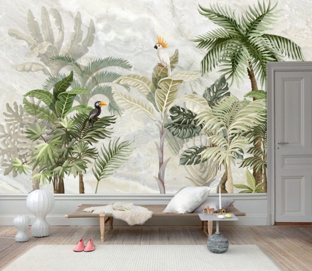 Tropikal Kuşlu 3D Duvar Kağıdı