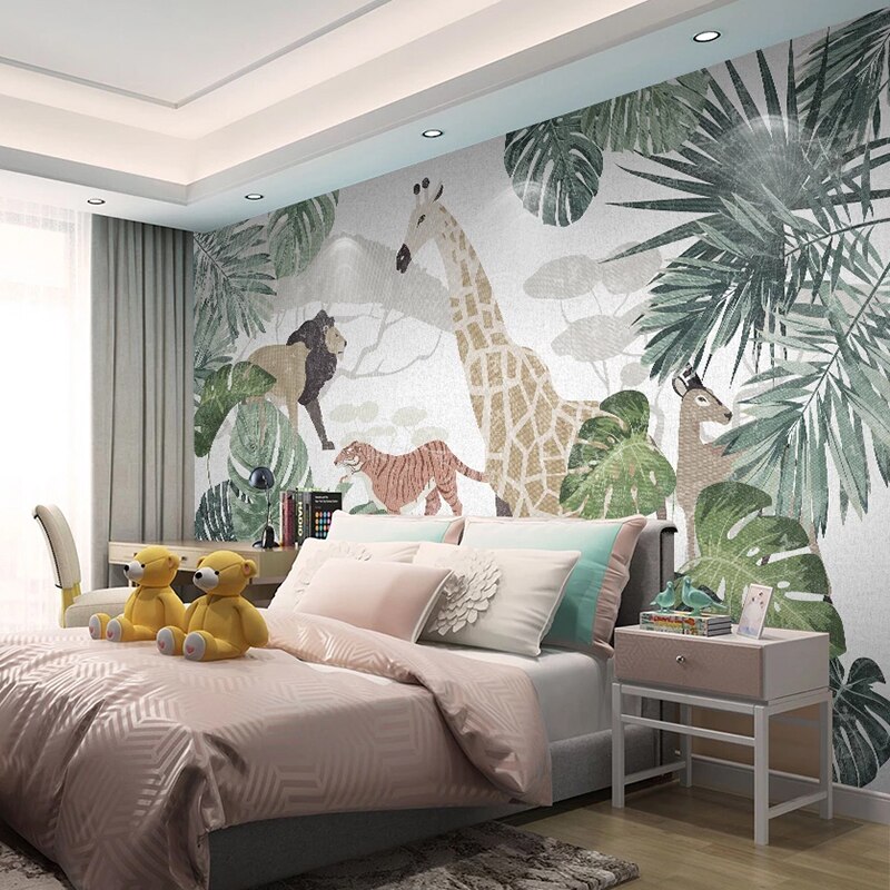Soft Renkli Çocuk Odası Safari Görünümlü 3D Duvar Kağıdı