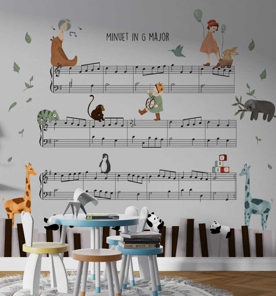 Çocuk Odası Müzik Notalarının Üzerindeki Hayvanlar 3D Duvar Kağıdı