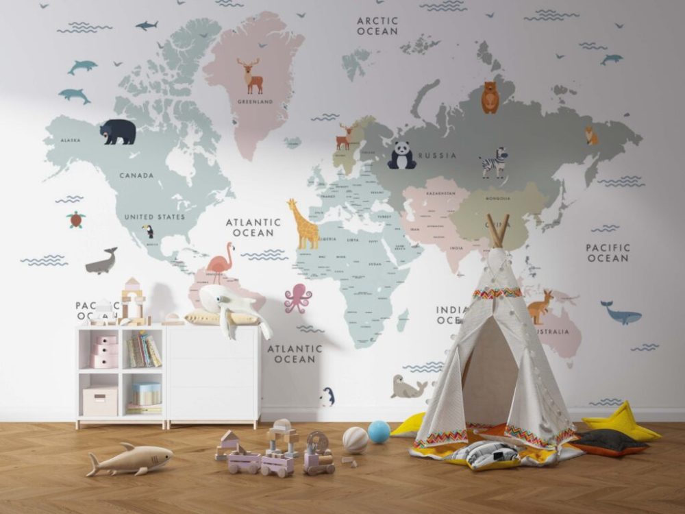 Soft Renkli Çocuk Odası Dünya Haritalı 3D Duvar Kağıdı
