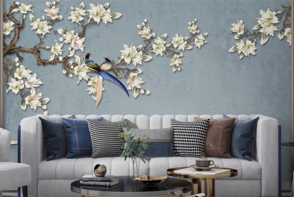 Çiçek Dalındaki Kuşlar 3D Duvar Kağıdı