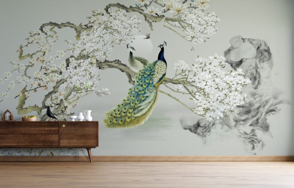 Tavus Kuşu Çiçekli 3D Duvar Kağıdı