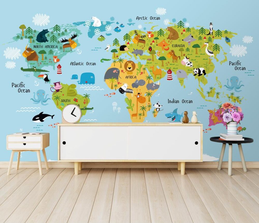 Hayvanlı Dünya Haritası Çocuk Odası 3D Duvar Kağıdı