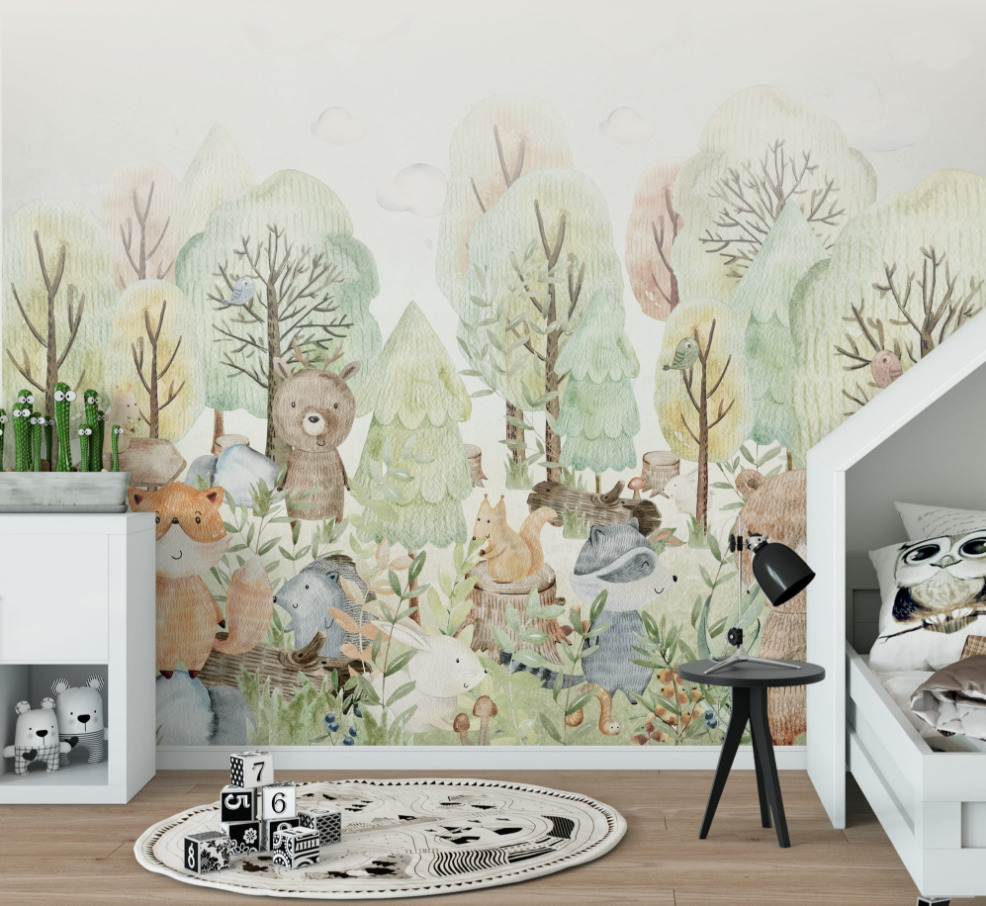 Yeşil Renkli Orman Desenli Çocuk Odası 3D Duvar Kağıdı