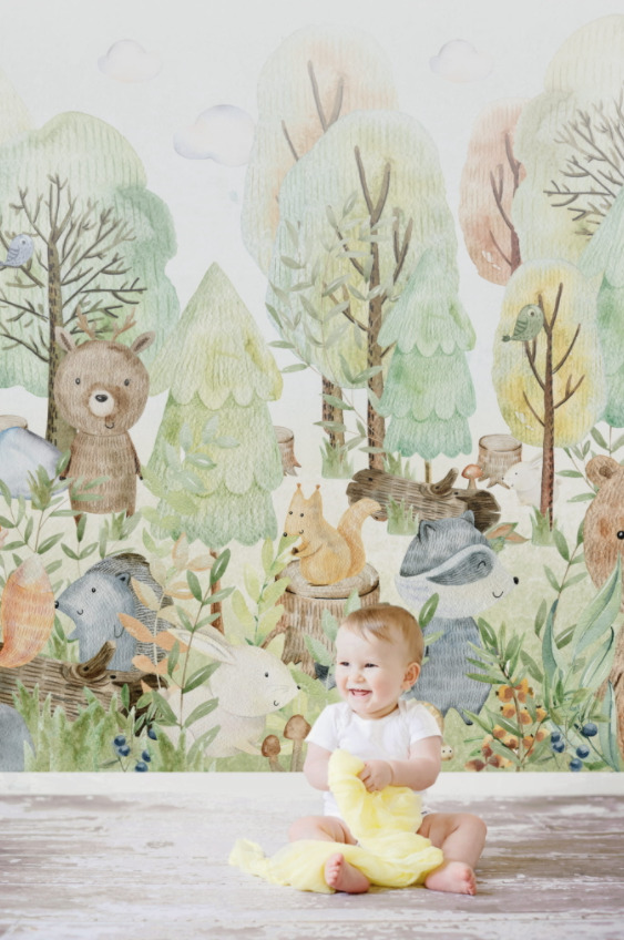 Yeşil Renkli Orman Desenli Çocuk Odası 3D Duvar Kağıdı