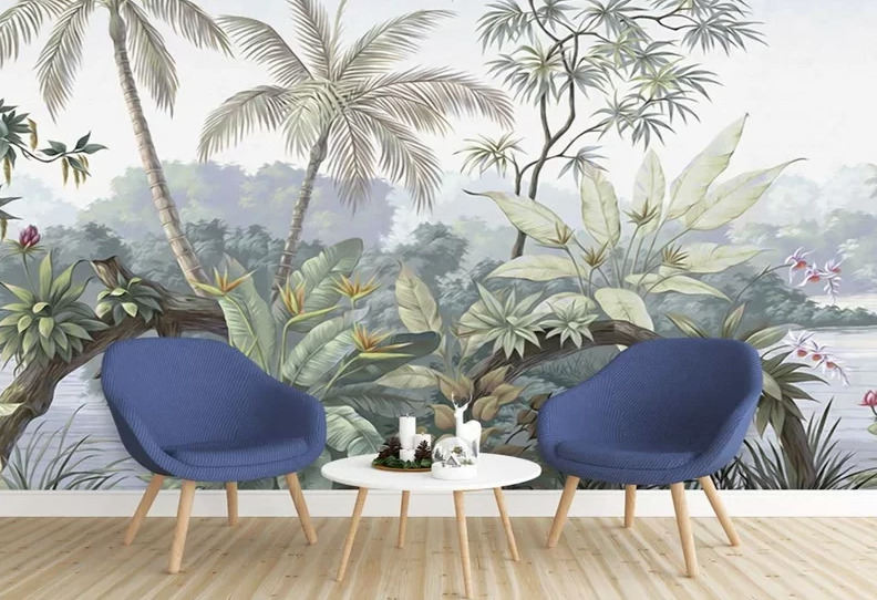 Ormandaki Tropikal Ağaçlı 3D Duvar Kağıdı