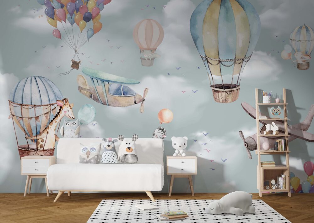 Çocuk Odası Balonlu ve Zürafalı 3D Duvar Kağıdı