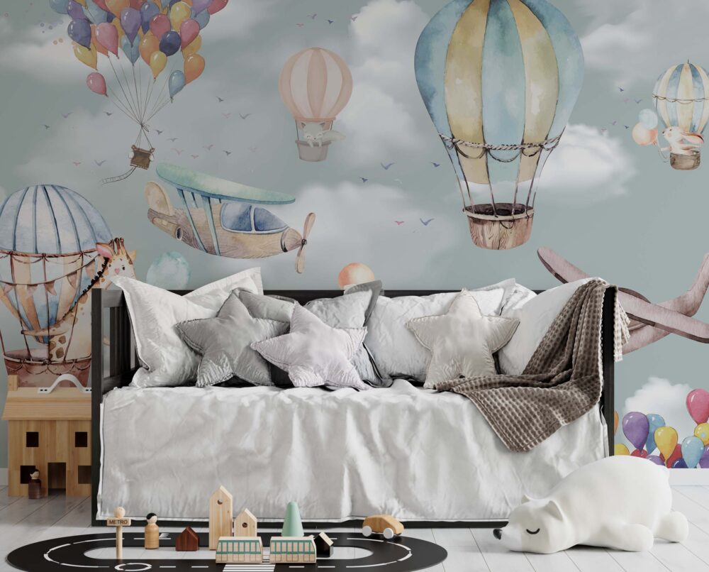 Çocuk Odası Balonlu ve Zürafalı 3D Duvar Kağıdı