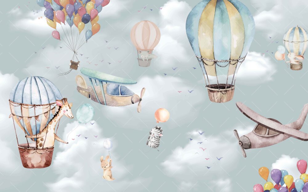 Çocuk Odası Balonlu ve Zürafalı 3D Duvar Kağıdı