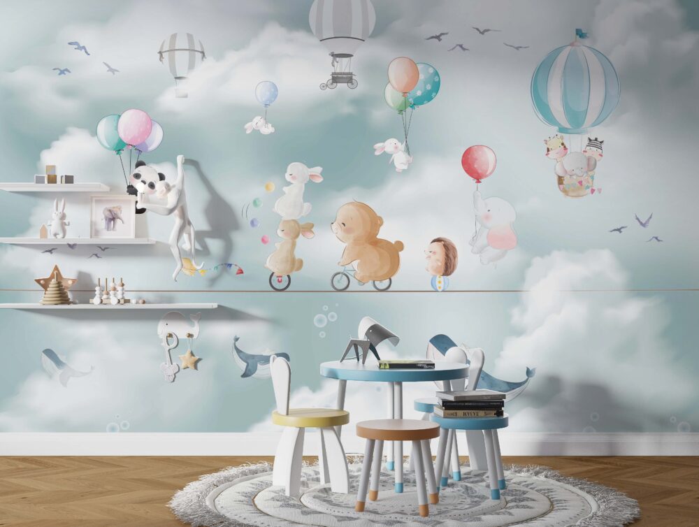 Çocuk Odası İpin Üzerindeki Hayvanlar ve Balonlu 3D Duvar Kağıdı