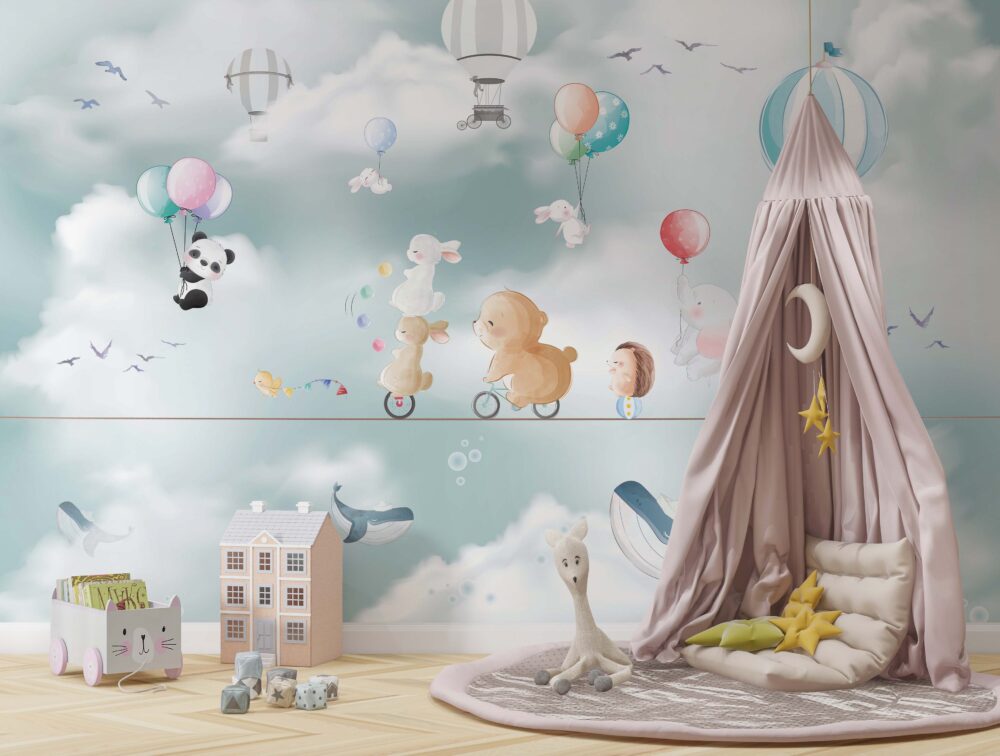 Çocuk Odası İpin Üzerindeki Hayvanlar ve Balonlu 3D Duvar Kağıdı