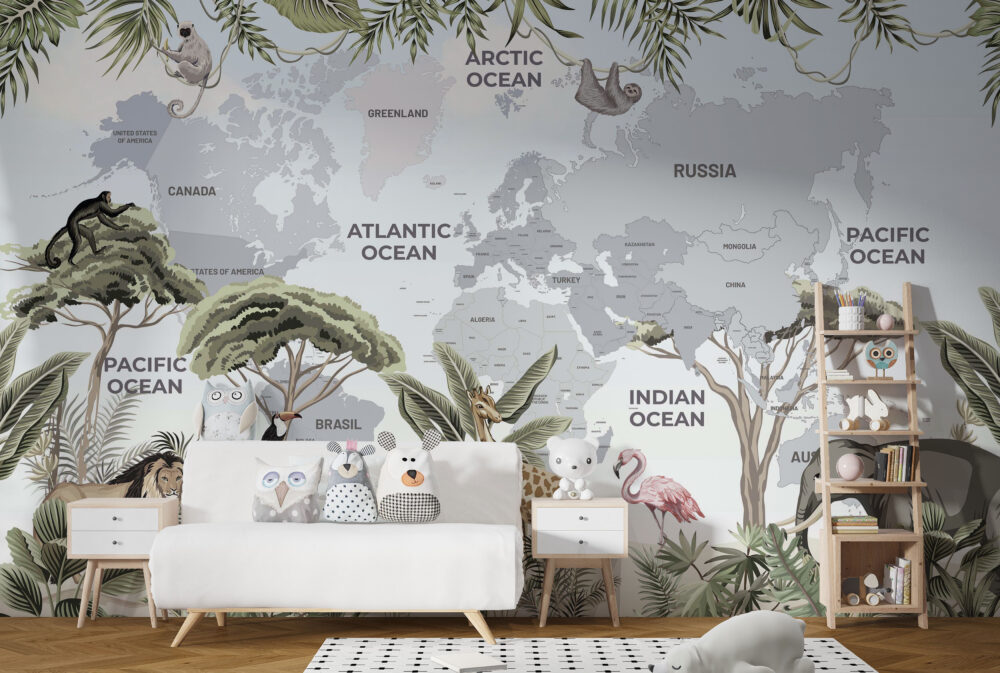 Çocuk Odası için Dünya Haritası Tropikal Desenli 3D Duvar Kağıdı