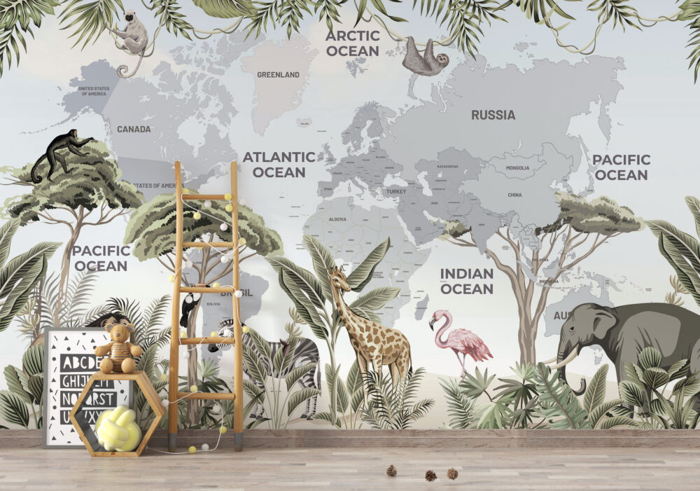 Çocuk Odası için Dünya Haritası Tropikal Desenli 3D Duvar Kağıdı