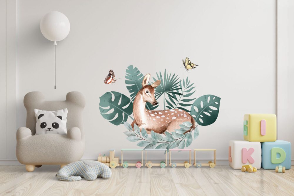 Sevimli Geyik ve Dallar Çocuk Bebek Odası Duvar Dekorasyon Sticker 100x200h