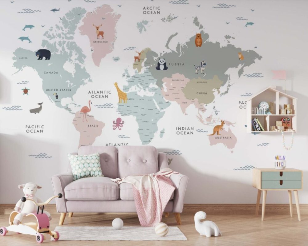 Soft Renkli Çocuk Odası Dünya Haritalı 3D Duvar Kağıdı
