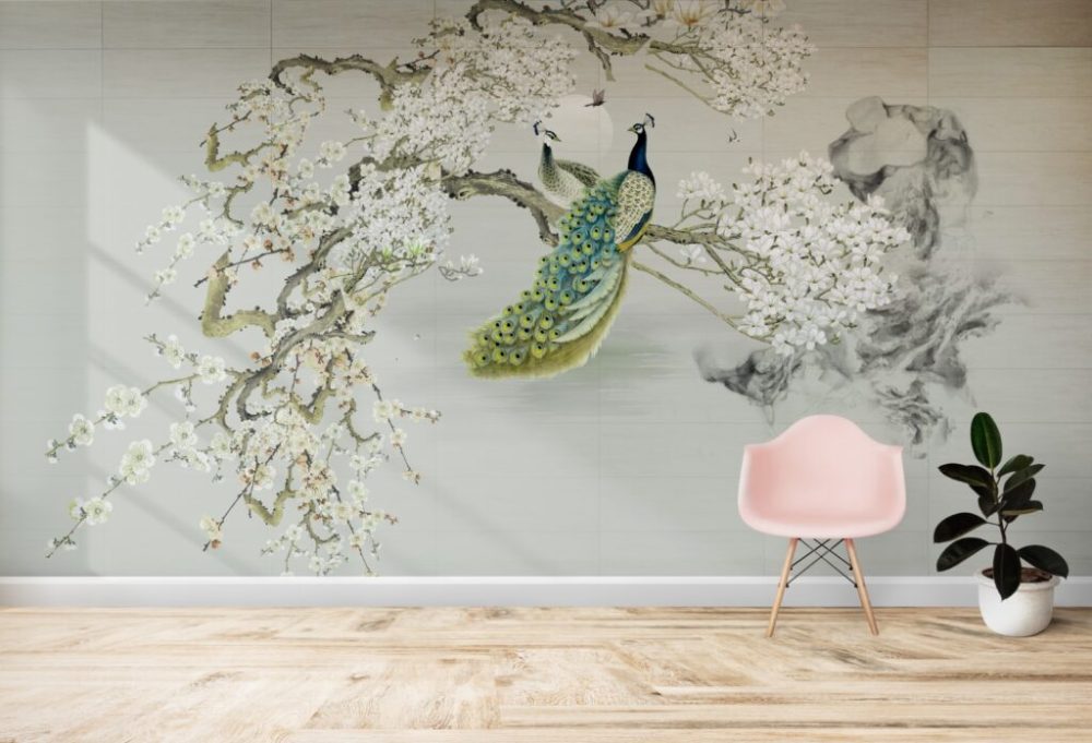 Tavus Kuşu Çiçekli 3D Duvar Kağıdı
