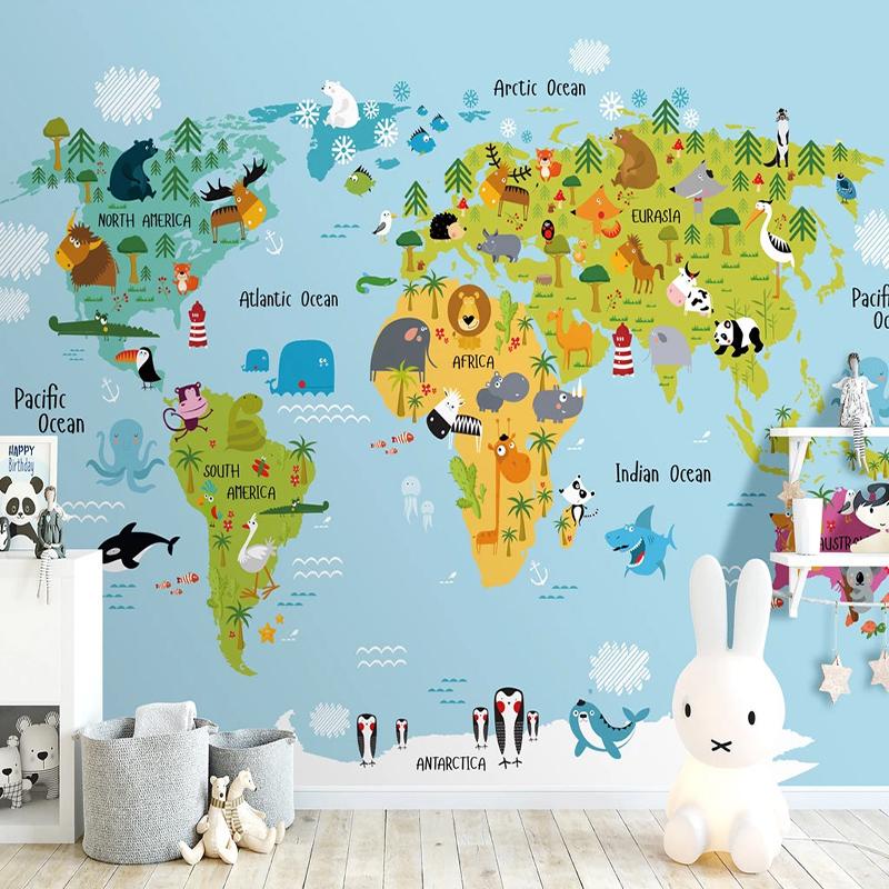 Hayvanlı Dünya Haritası Çocuk Odası 3D Duvar Kağıdı