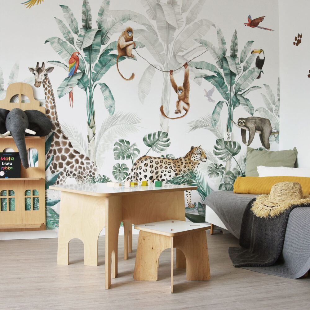 Ormandaki Zürafa ve Maymunlar 3D Duvar Kağıdı