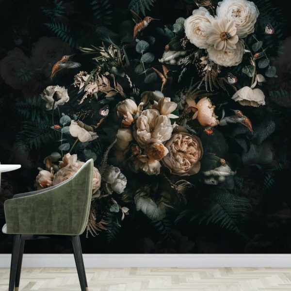 Siyah Zeminli Çiçekler 3D Duvar Kağıdı